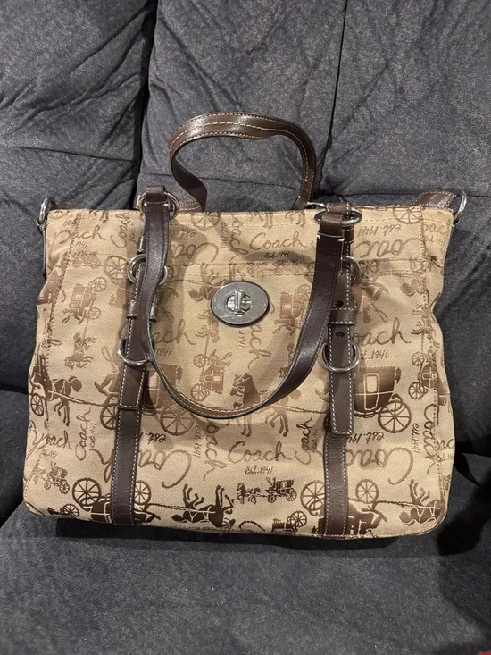 Coach Brown and Tan Signature Tote with Leather Trim - Picture 1 of 1